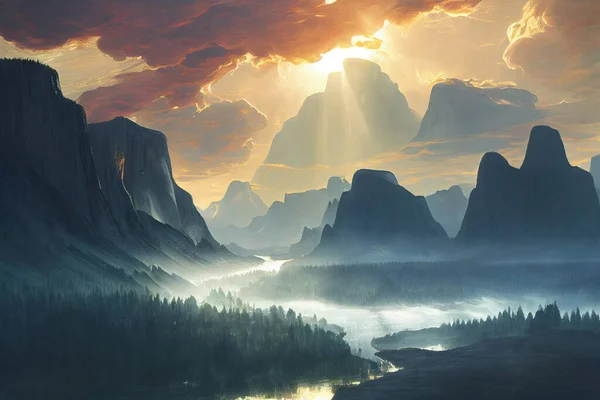 River Mountains Sunrise Vidsträckt Landskap Digital Konst Bakgrund Med Selektivt — Stockfoto