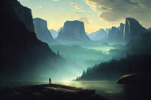 川の山日の出広大な風景選択的な焦点とぼかしでデジタルアートの背景 自然壁紙 — ストック写真
