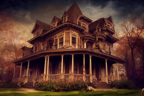Halloween Amerikaans Victoriaans Spooky House Digitale Kunstachtergrond — Stockfoto