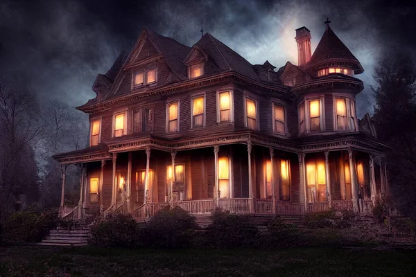 Halloween Amerikaans Victoriaans Spooky House Digitale Kunstachtergrond — Stockfoto