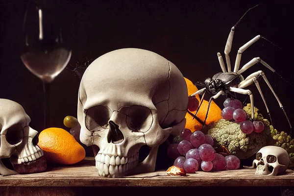 Render Van Schedel Rot Voedsel Antieke Tafel Ontwerp Voor Halloween — Stockfoto