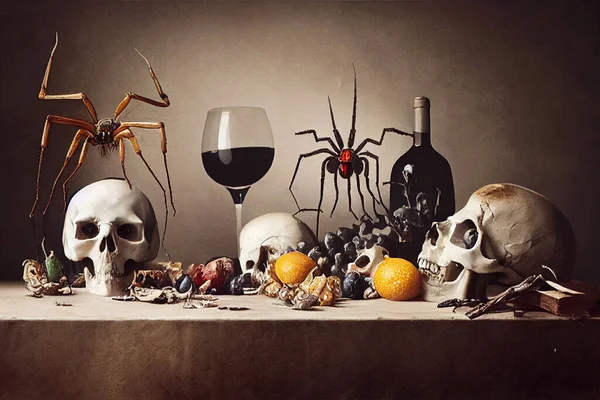 Render Crânio Comida Podre Mesa Antiguidades Design Para Conceito Halloween — Fotografia de Stock