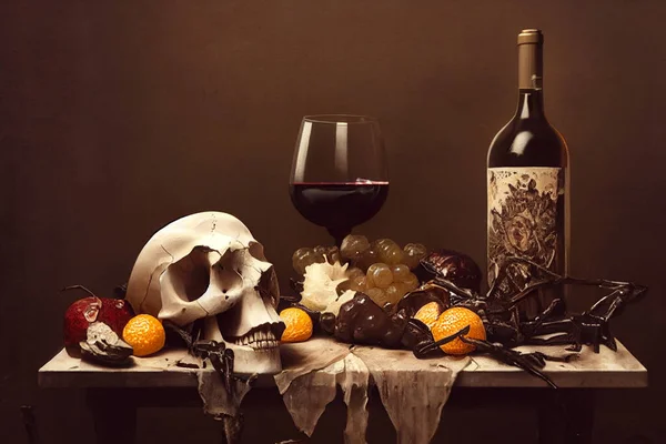 3D Render of skull and rotten food on antique table. Design for Halloween concept.