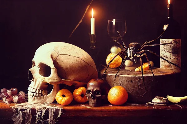 Render Cráneo Comida Podrida Mesa Antigua Diseño Para Concepto Halloween —  Fotos de Stock