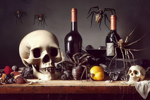 Render Van Schedel Rot Voedsel Antieke Tafel Ontwerp Voor Halloween — Stockfoto