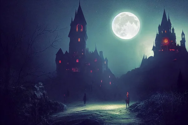 Renderização Castelo Drácula Iluminado Uma Floresta Noite Com Uma Lua — Fotografia de Stock