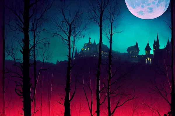 Визуализация Замка Дракулы Освещена Лесу Ночью Полнолунием — стоковое фото