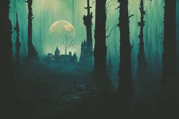 德拉古拉城堡的3D渲染在夜晚的森林里被一轮满月点亮 — 图库照片