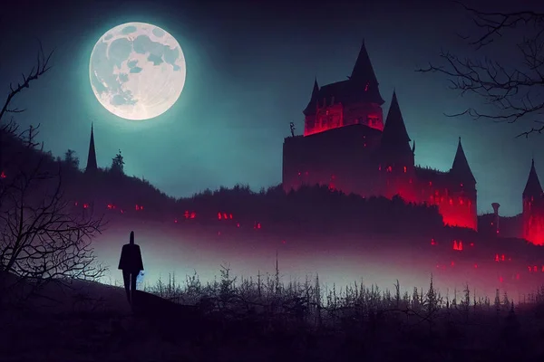 Renderização Castelo Drácula Iluminado Uma Floresta Noite Com Uma Lua — Fotografia de Stock