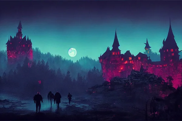 德拉古拉城堡的3D渲染在夜晚的森林里被一轮满月点亮 — 图库照片