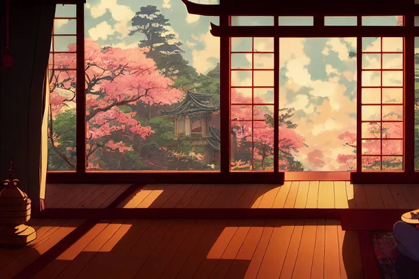 Fantasy japanese shrine with windows view torii outside. 3d render anime style.