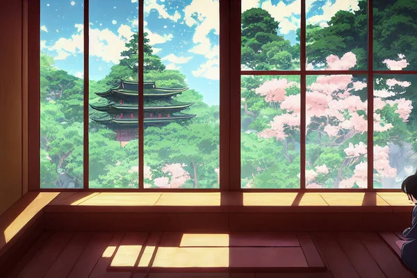 Fantasy japanese shrine with windows view torii outside. 3d render anime style.