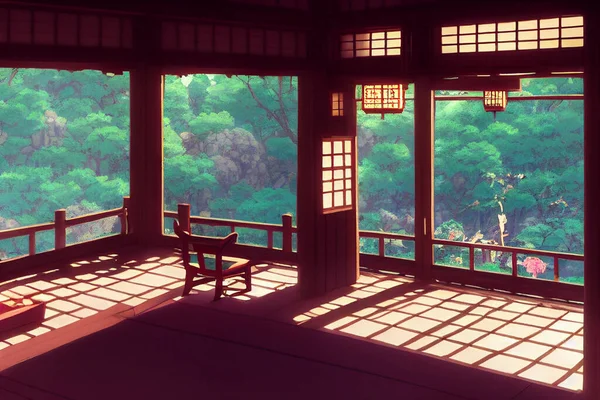 Fantasy japanese shrine with windows view torii outside. 3d render anime style.