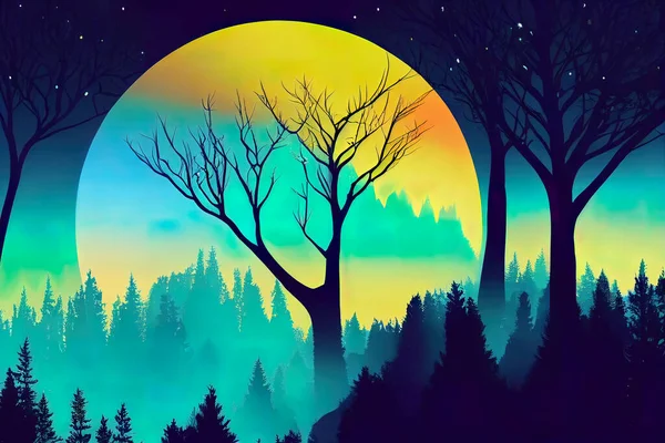 Silhouette mystical magic forest landscape in the moonlight. Silhouette trees in a cartoon style illustration. Surreal landscape for wallpapers and backgrounds. Mystic conceptual misty background.