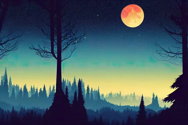 Silhouette mystical magic forest landscape in the moonlight. Silhouette trees in a cartoon style illustration. Surreal landscape for wallpapers and backgrounds. Mystic conceptual misty background.