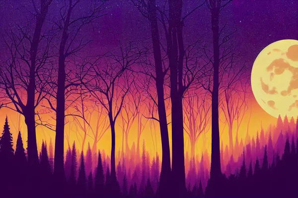 Silhouette mystical magic forest landscape in the moonlight. Silhouette trees in a cartoon style illustration. Surreal landscape for wallpapers and backgrounds. Mystic conceptual misty background.