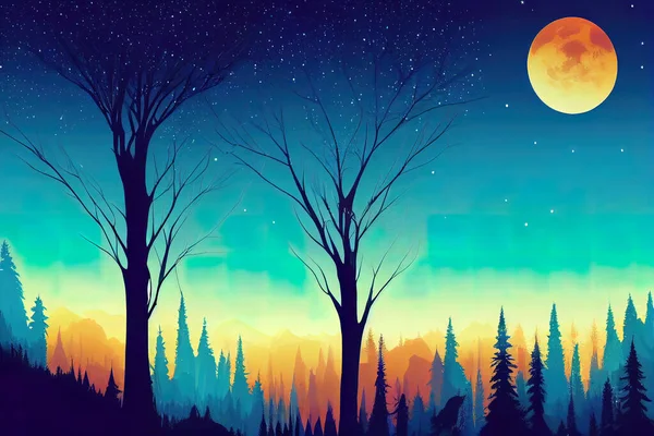 Silhouette mystical magic forest landscape in the moonlight. Silhouette trees in a cartoon style illustration. Surreal landscape for wallpapers and backgrounds. Mystic conceptual misty background.