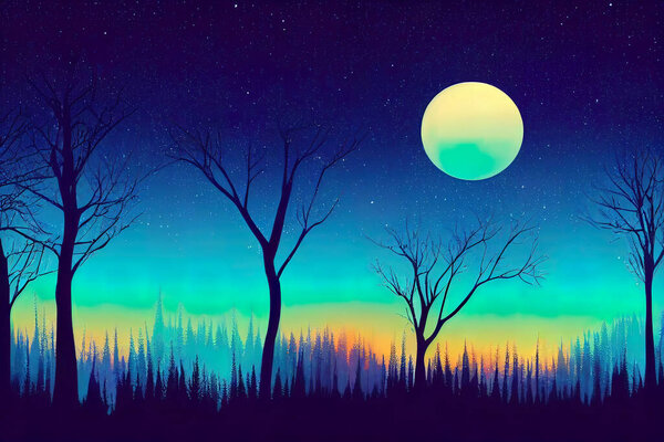 Silhouette mystical magic forest landscape in the moonlight. Silhouette trees in a cartoon style illustration. Surreal landscape for wallpapers and backgrounds. Mystic conceptual misty background.