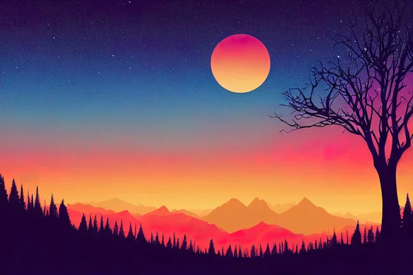 Silhouette mystical magic forest landscape in the moonlight. Silhouette trees in a cartoon style illustration. Surreal landscape for wallpapers and backgrounds. Mystic conceptual misty background.