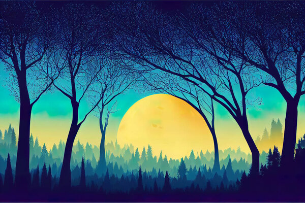 Silhouette mystical magic forest landscape in the moonlight. Silhouette trees in a cartoon style illustration. Surreal landscape for wallpapers and backgrounds. Mystic conceptual misty background.