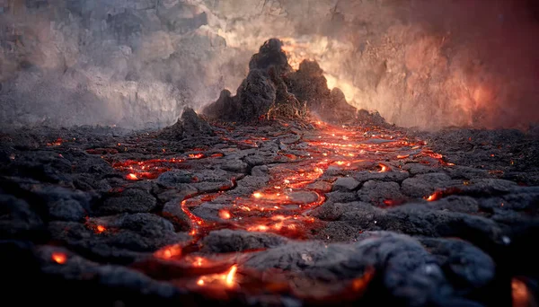 3D渲染熔岩熔岩纹理背景 岩浆在地面的裂缝中看到了火山岩浆在裂缝中的光芒的质感 这些裂缝是被摧毁了的地球表面 — 图库照片