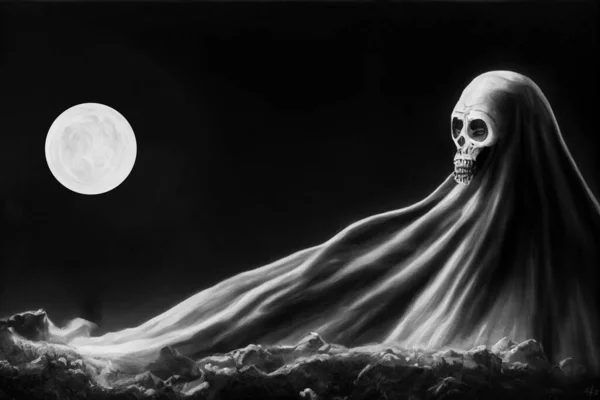 グリム リーパーは夜に魂を集める ハロウィンフェスティバルのコンセプト 白黒デジタルアート 3Dイラスト — ストック写真