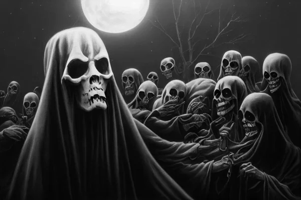Ponury Żniwiarz Zbierający Dusze Nocą Koncepcja Festiwalu Halloween Czarno Biała — Zdjęcie stockowe