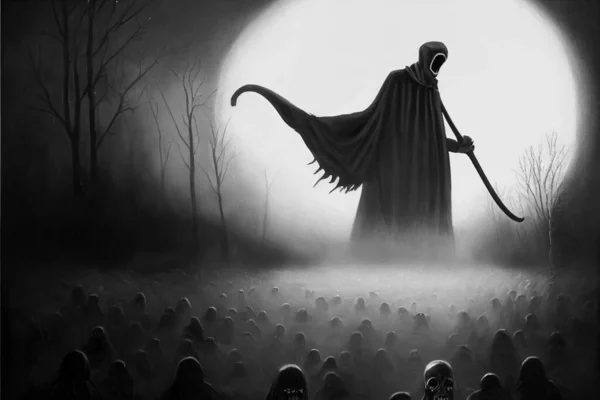 Grim reaper collecting souls at night. Halloween festival concept. Black and white digital art, 3D illustration