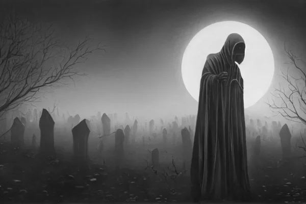 Grim Reaper Collecting Souls Night Halloween Festival Concept Black White — Stock Photo, Image