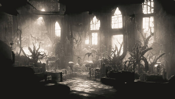 Blurred background of decrepit haunted house in the dark, Halloween background concept. 3D render