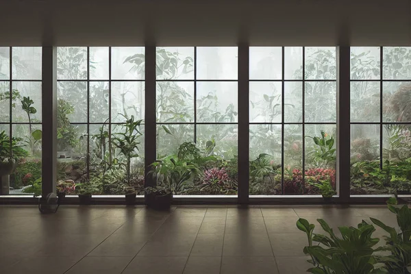 美丽的室内花园 布满了植物和水路背景 3D渲染成照片逼真 — 图库照片