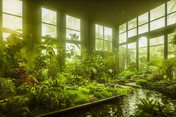 Beautiful indoor garden filled with plants and waterways background. 3d render photorealistic