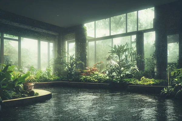 Krásná Vnitřní Zahrada Plná Rostlin Vodních Cest Pozadí Vykreslování Fotorealistický — Stock fotografie