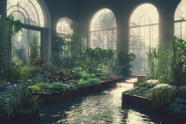 Schöner Indoor Garten Mit Pflanzen Und Gewässern Hintergrund Gefüllt Rendern — Stockfoto