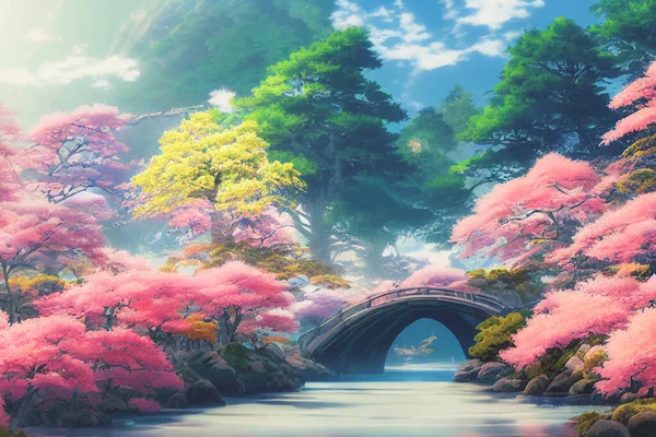 背景に美しいピンクの桜と富士山が描かれた日本のアニメ風景壁紙 3Dレンダリングデジタルアートワーク絵画 — ストック写真