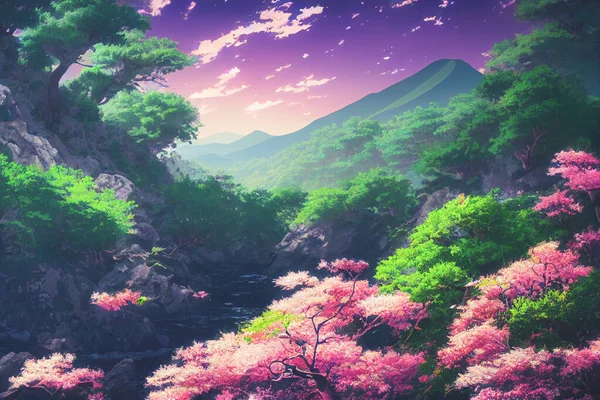 Fondos Pantalla Anime Japón Paisaje Con Hermosos Cerezos Rosados Monte —  Fotos de Stock