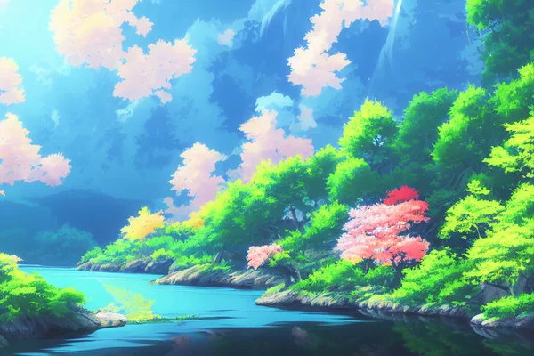 Fondos Pantalla Anime Japón Paisaje Con Hermosos Cerezos Rosados Monte —  Fotos de Stock