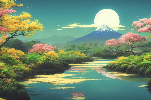 Japan Anime Landschaft Tapeten Mit Schönen Rosa Kirschbäumen Und Berg — Stockfoto