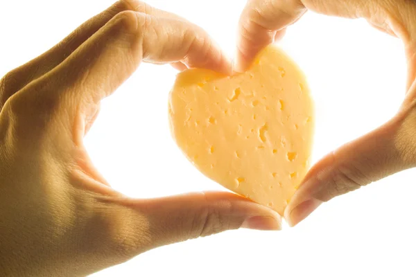 Paz de queso en forma de corazón con la mano aislada sobre blanco —  Fotos de Stock