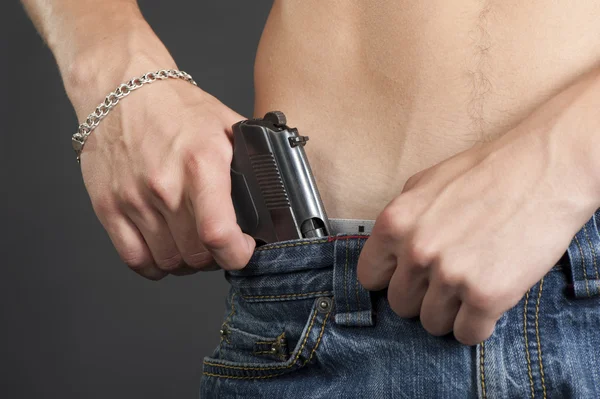 Pistol belt jeans guy — Stock Photo, Image