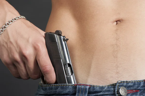 Pistol belt jeans guy — Stock Photo, Image