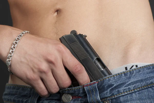 Pistol belt jeans guy — Stock Photo, Image