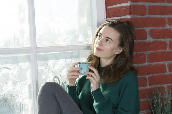 Junge Frau am Winterfenster — Stockfoto