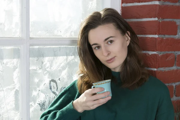 Young woman at the winter window — Stock Photo, Image