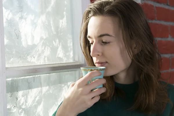 Junge Frau am Winterfenster — Stockfoto