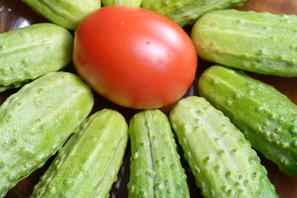 Dojrzałe czerwone pomidory i ogórki — Zdjęcie stockowe