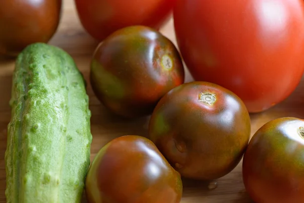 Tomates vermelhos maduros e pepino — Fotografia de Stock