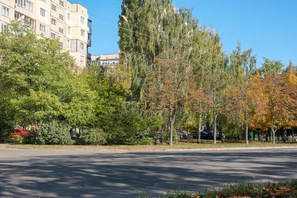 Cityscape Med Gulnade Träd Varm Höst Solig Dag — Stockfoto