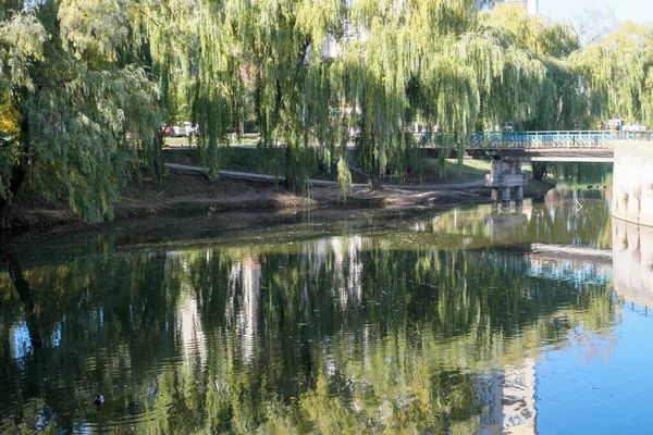 秋の暖かい晴れた日に小さな湖と都市の風景 — ストック写真