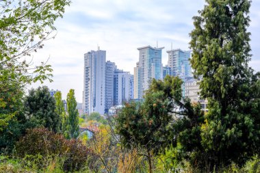 Kiev şehrinin yerleşim alanı, sonbahar bulutlu bir günde botanik bahçesinin yanında.